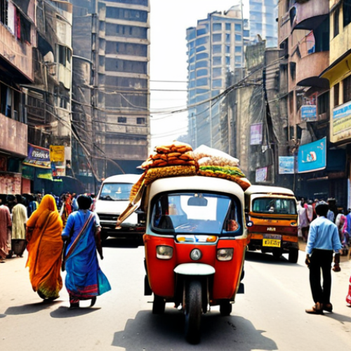 Home 11 **
A bustling street scene in Mumbai, India. Overcrowded, with vibrant colors. Street vendors selling food, auto-rickshaws honking, and people dressed in a mix of traditional Indian clothing and Western attire. In the background, modern skyscrapers juxtapose with older, more traditional buildings. The overall atmosphere is chaotic and energetic.
**