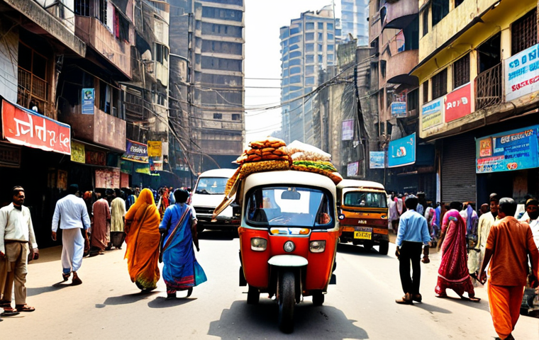 **

A bustling street scene in Mumbai, India. Overcrowded, with vibrant colors. Street vendors selling food, auto-rickshaws honking, and people dressed in a mix of traditional Indian clothing and Western attire. In the background, modern skyscrapers juxtapose with older, more traditional buildings. The overall atmosphere is chaotic and energetic.

**