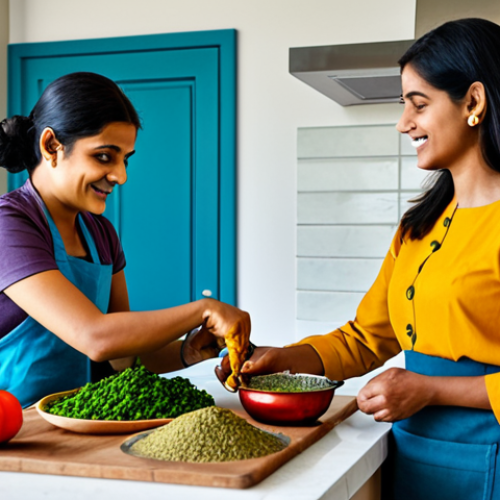 Home 6 **
A family-friendly scene in a bright, modern kitchen. A mother, fully clothed in casual attire, is preparing a traditional Indian curry. Her child, also fully clothed, helps her by adding spices. Various fresh spices (turmeric, cumin, coriander) and vegetables are visible on the counter. The scene emphasizes the use of natural ingredients. "Safe for work," "appropriate content," "fully clothed," "modest," "perfect anatomy," "correct proportions," "professional photography," "high quality."
**