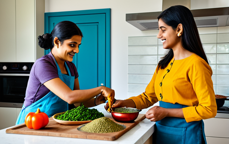 **

A family-friendly scene in a bright, modern kitchen. A mother, fully clothed in casual attire, is preparing a traditional Indian curry. Her child, also fully clothed, helps her by adding spices. Various fresh spices (turmeric, cumin, coriander) and vegetables are visible on the counter. The scene emphasizes the use of natural ingredients. "Safe for work," "appropriate content," "fully clothed," "modest," "perfect anatomy," "correct proportions," "professional photography," "high quality."

**