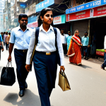 Big City Hustle**

"A professional businesswoman in a modest business suit, walking briskly through a crowded street in Mumbai, India. Fully clothed, appropriate attire, safe for work. The background includes modern buildings, street vendors, and busy traffic. Perfect anatomy, correct proportions, natural pose, professional photography, high quality. Family-friendly, appropriate content."

**