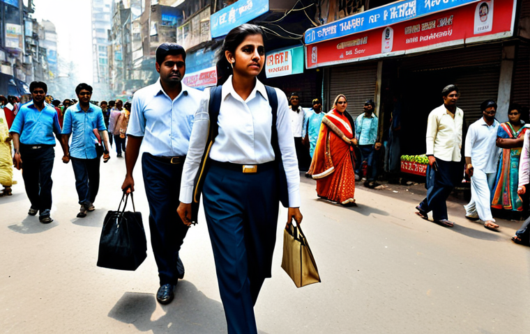 Big City Hustle**
"A professional businesswoman in a modest business suit, walking briskly through a crowded street in Mumbai, India. Fully clothed, appropriate attire, safe for work. The background includes modern buildings, street vendors, and busy traffic. Perfect anatomy, correct proportions, natural pose, professional photography, high quality. Family-friendly, appropriate content."
**