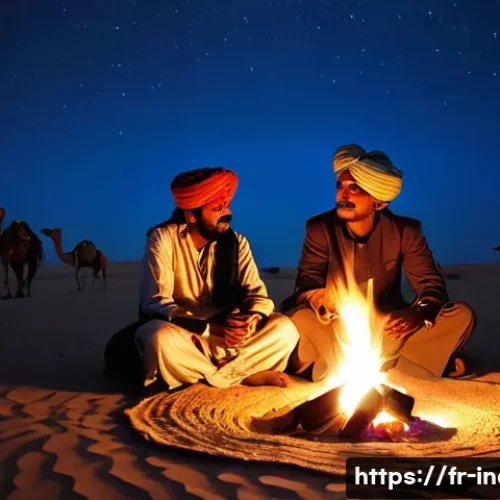 Home 33 라자스탄 사막 투어 가이드 - **Prompt:** A serene and culturally rich scene in the Thar Desert at twilight. A local Rajasthani gu...