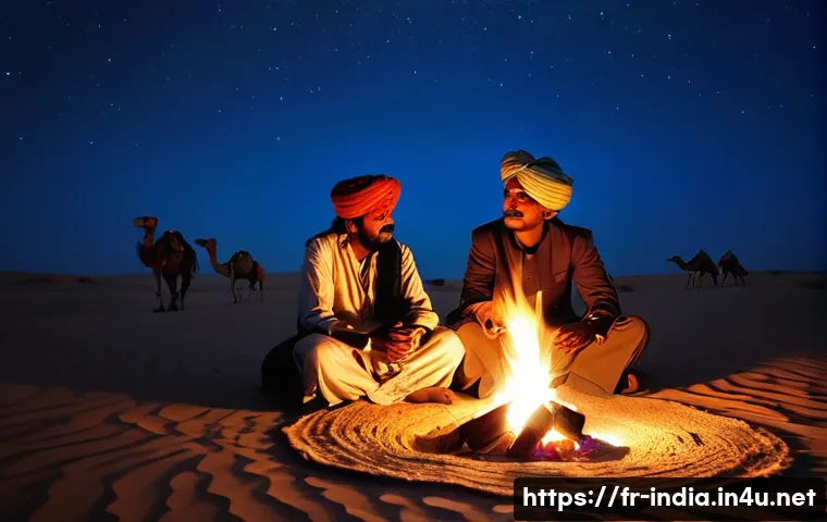 라자스탄 사막 투어 가이드 - **Prompt:** A serene and culturally rich scene in the Thar Desert at twilight. A local Rajasthani gu...