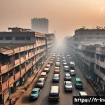 Home 20 인도의 환경 문제와 해결 방안 - A bustling Indian cityscape showing heavy smog enveloping skyscrapers and busy streets filled with c...