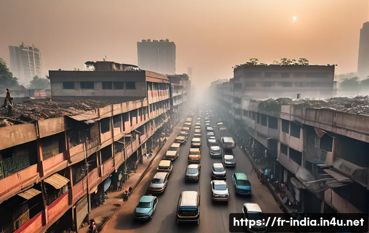 인도의 환경 문제와 해결 방안 - A bustling Indian cityscape showing heavy smog enveloping skyscrapers and busy streets filled with c...
