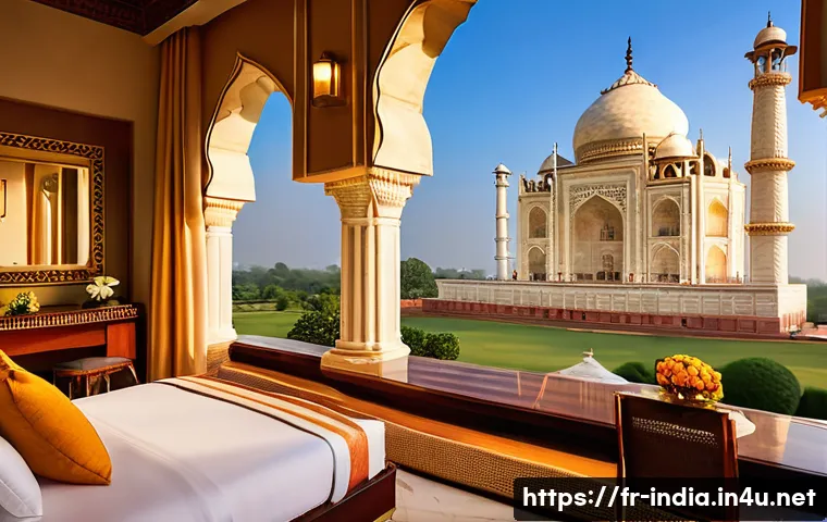 타지마할 근처 추천 호텔과 예약 팁 - A luxurious five-star hotel room overlooking the Taj Mahal at sunrise, featuring an elegant blend of...