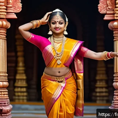 Home 30 타밀나두와 케랄라 전통문화 비교 - A vibrant scene depicting a Bharatanatyam dancer from Tamil Nadu performing on a traditional stage, ...
