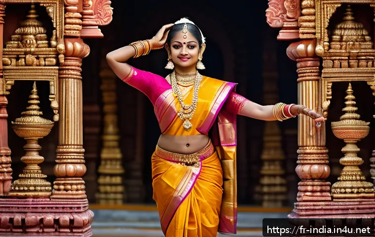 타밀나두와 케랄라 전통문화 비교 - A vibrant scene depicting a Bharatanatyam dancer from Tamil Nadu performing on a traditional stage, ...