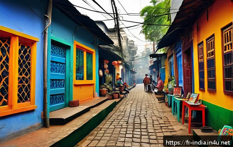콜카타의 예술과 문학 중심지 - A vibrant street scene on Sudder Street in Kolkata, showcasing small alternative art galleries with ...